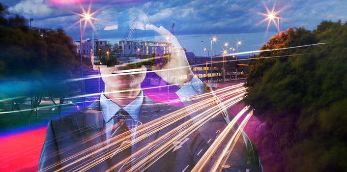Composite image of businessman in suit using virtual reality headset