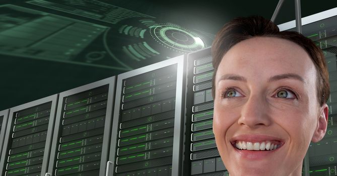 Woman with computer servers and technology information interface