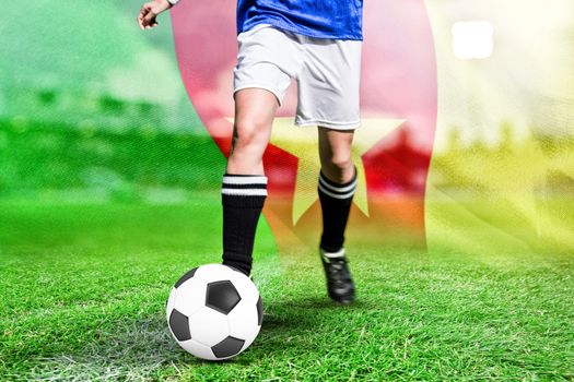 Composite image of woman soccer player progressing with a ball