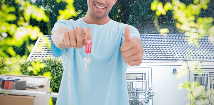 Composite image of man holding out new house key while gesturing thumbs up