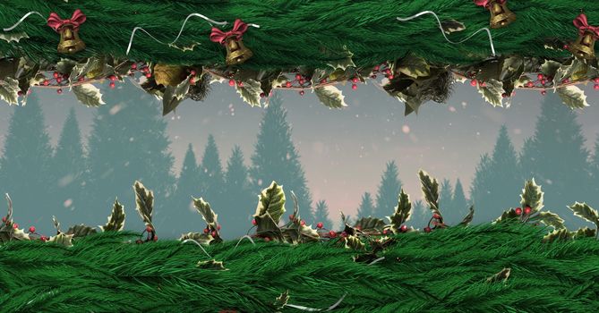 Christmas wreath and bells with forest
