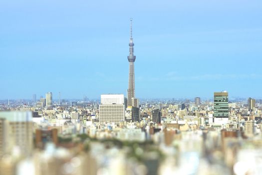 Aerial view in tilt-shift of the city of Tokyo with the skytree 