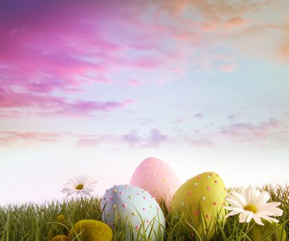 Eggs with daisies in grass with rainbow  color sky