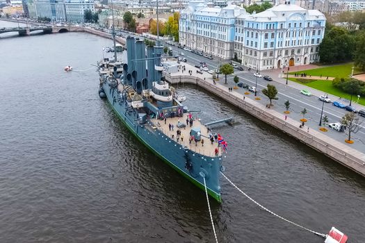 Cruiser Aurora in the River Neu, the city of St.Petersburg. Open