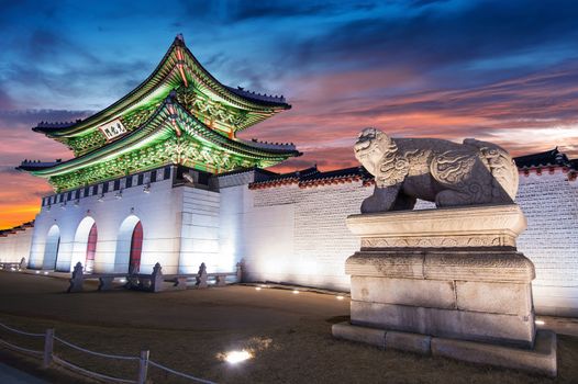 Gyeongbokgung palace at twilight in Seoul, South Korea.
