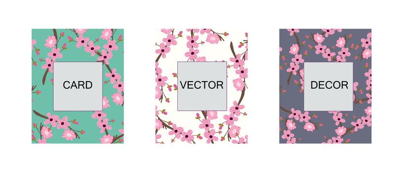 Set of three cards with seamless pink cherry blossom pattern.