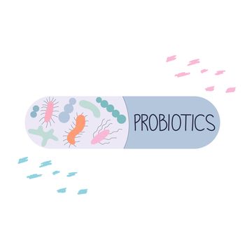 Capsule with good microorganisms and note probiotics in outline style illustration.