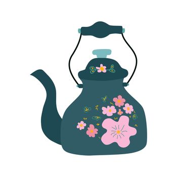 Retro kettle teal color with pink floral decor.