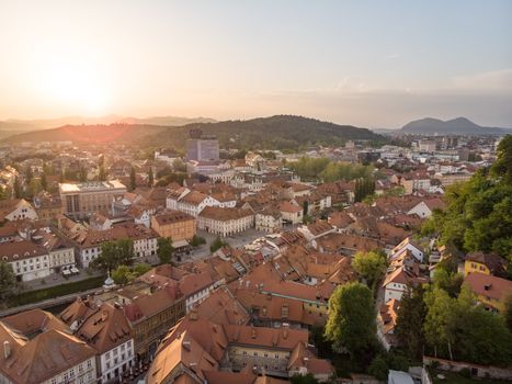 Aerial view of old medieval city center of Ljubljana, capital of Slovenia.