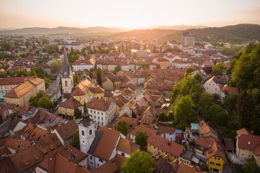 Aerial view of old medieval city center of Ljubljana, capital of Slovenia.