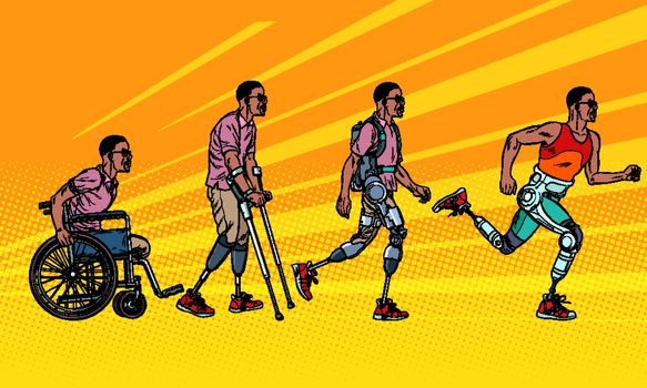 Evolution of rehabilitation. african man leg prosthesis