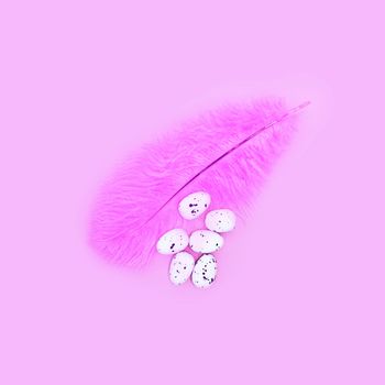 Eggs on a pink feather on a pink background. Easter concept.