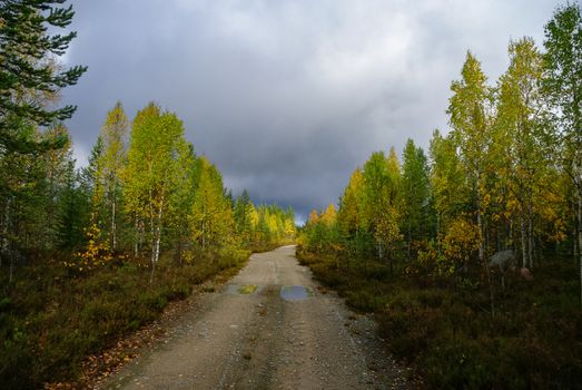 Dirt road to the top of Vottovaara mountain surrounded by autumn