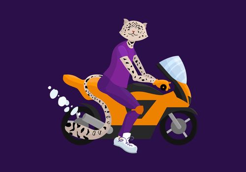 Cute dressed ounce on motobike. Cartoon vector illustration.