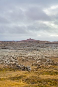 Highlands of Iceland grass land transitioning towards sparse volcanic rock landscape