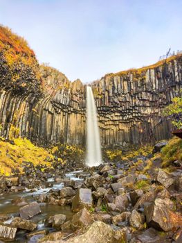 Svartifoss waterfall black basalt columns between autumn colored landscape long exposure
