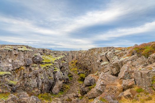 Thingvellir National Park in Iceland canyon cutting through the landscape