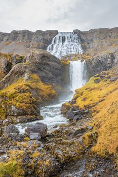 Westfjords of Iceland Göngummanafoss and Dynjandi waterfall during rainy weather in autumn