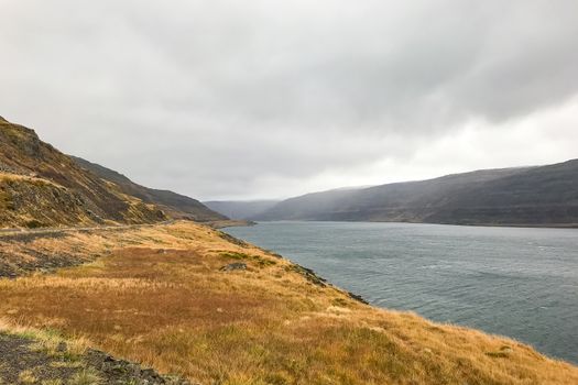 Westfjords of Iceland view into fjord during stormy autumn day