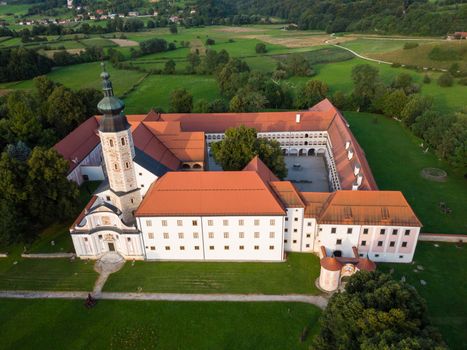 Aerial view of Cistercian monastery Kostanjevica na Krki, homely appointed as Castle Kostanjevica, Slovenia, Europe.