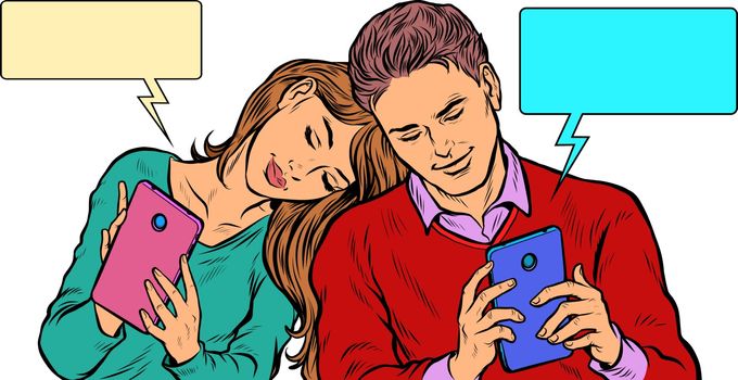 A couple in love, a young man and a girl are chatting on social networks by phone