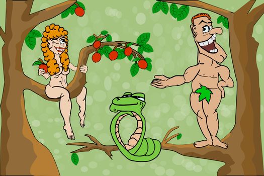 Adam and Eve. Woman offer apple to man.