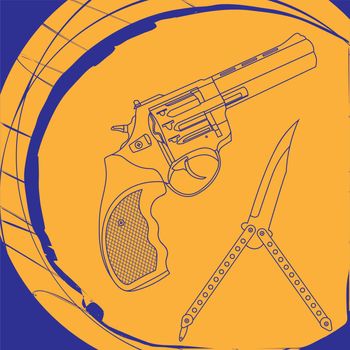 Contour revolver and butterfly knife on blue and orange background