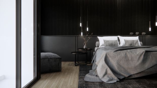 black modern bedroom interior, 3d rendering background
