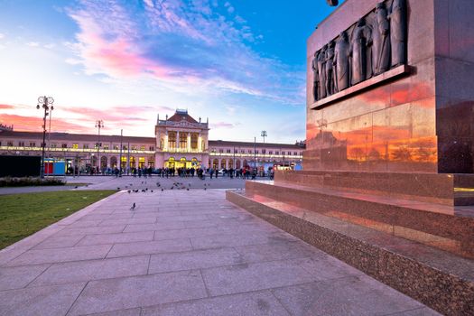 Zagreb central station and King Tomislav square sunset view