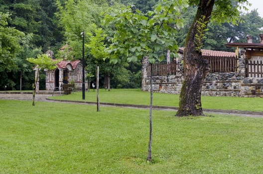 Beautyful landscape with chapel  after rain in cool nook of park Rila near town Dupnitsa, Bulgaria