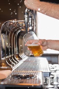 Composite image of bartender pulling a pint of beer