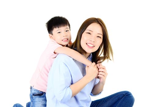 Asian mother and her son indoor portrait