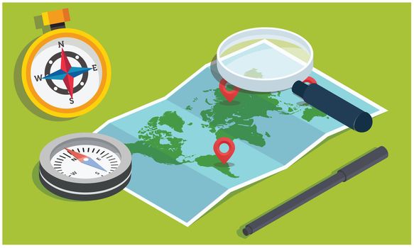 magnify glass, compass to find a world map