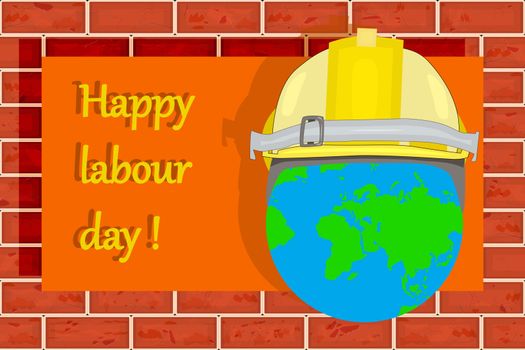 Labour day. Happy labour day vector with hands, globe earth and helmet on red brick wall background.