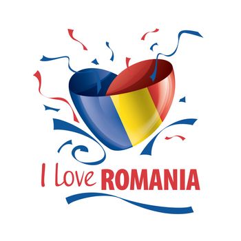 National flag of the Romania in the shape of a heart and the inscription I love Romania. Vector illustration