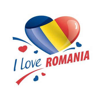 National flag of the Romania in the shape of a heart and the inscription I love Romania. Vector illustration