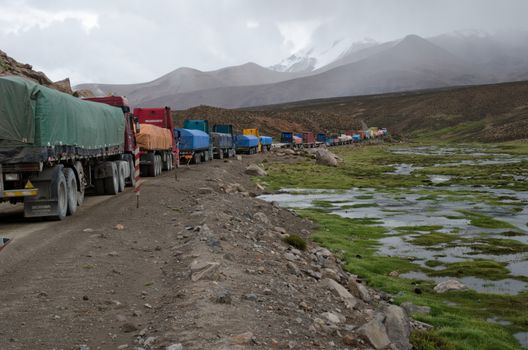 Retention trucks because of road works in Lauca National Park.