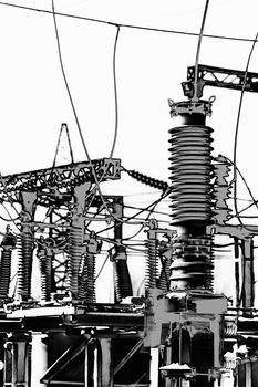 High voltage electric power. Structure power station in high contrast