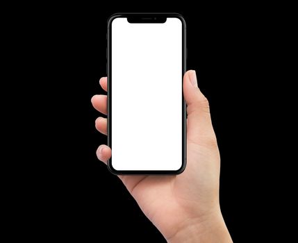 Isolated human right hand holding black mobile smartphone