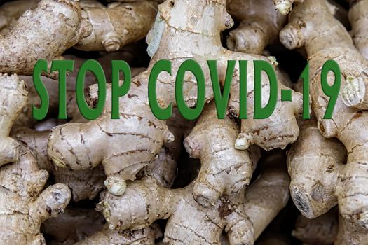 Text about the prevention of coronavirus disease against the background of fresh ginger roots.