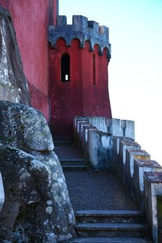 View of Palace da Pena - Sintra, Lisbon, Portugal - European travel. Stairs towards the castle