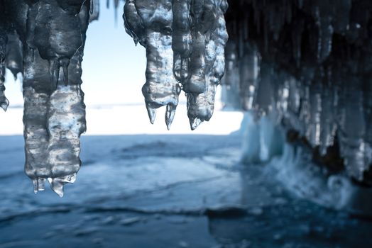 Close up Ice swag inside the cave. Lake Baikal, Russia