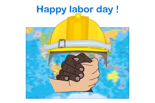 Labour day. Happy labour day fram with multi ethnic hands, world map and helmet isolated on white background.