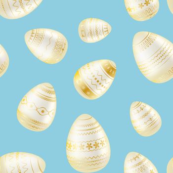 Easter egg. Pattern with realistic Easter eggs. Seamless texture vector illustration. Religious holiday background decoration. White eggs with gold ornaments on blue background. Happy Easter