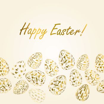 Pattern with realistic Easter eggs. Seamless border vector illustration. Religious holiday background decoration. Golden eggs with plant ornaments on light background.