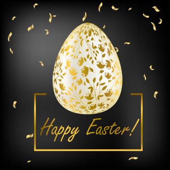 Easter egg. Greeting card with Golden eggs. Religious holiday vector illustration for poster, flyer. Decorate Golden eggs with plant ornaments on a dark background. Happy Easter
