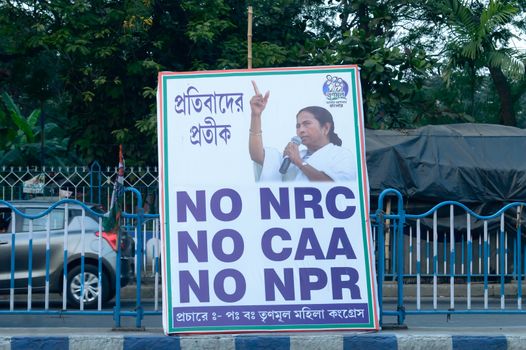 A political placard showing mega rally of Chief Minister Mamata Banerjee Says Slogan No CAB, No NRC No NPR In West Bengal without consultation in Parliament. Kolkata West Bengal India May 2019