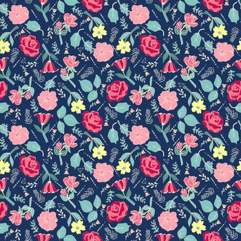 Seamless pattern with vintage flowers. Beautiful botanical background with flowers and herbs on dark blue backdrop.