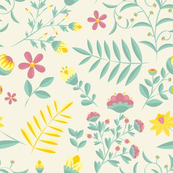 Vector flower pattern. Seamless botanic hand-drawn texture. Spring floral background summer herbs. Repeated pattern can be used for wallpaper, pattern, backdrop, surface textures.