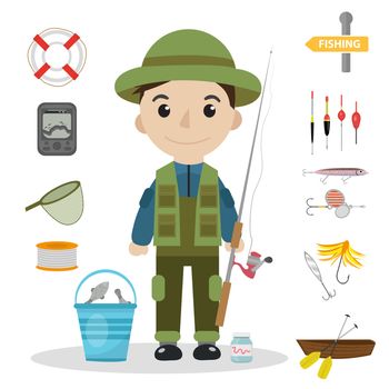 Fishing icon set, flat, cartoon style. Fishery collection objects, design elements, isolated on white background. Fisherman s tools with a fishing rod, tackle, bait, boat. ilustration